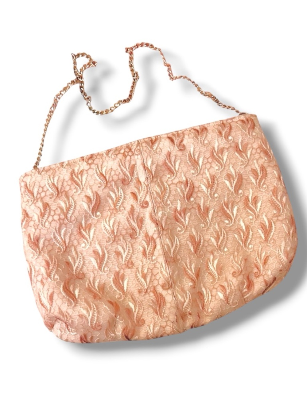 Vintage MCM Champagne Embroidered Lace Clutch Evening Bag Gold Tone Hardware